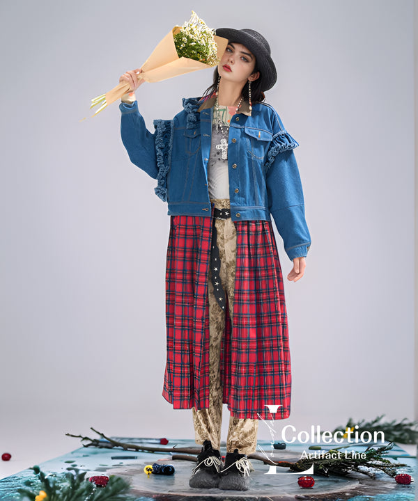Frilled Denim Check Coat